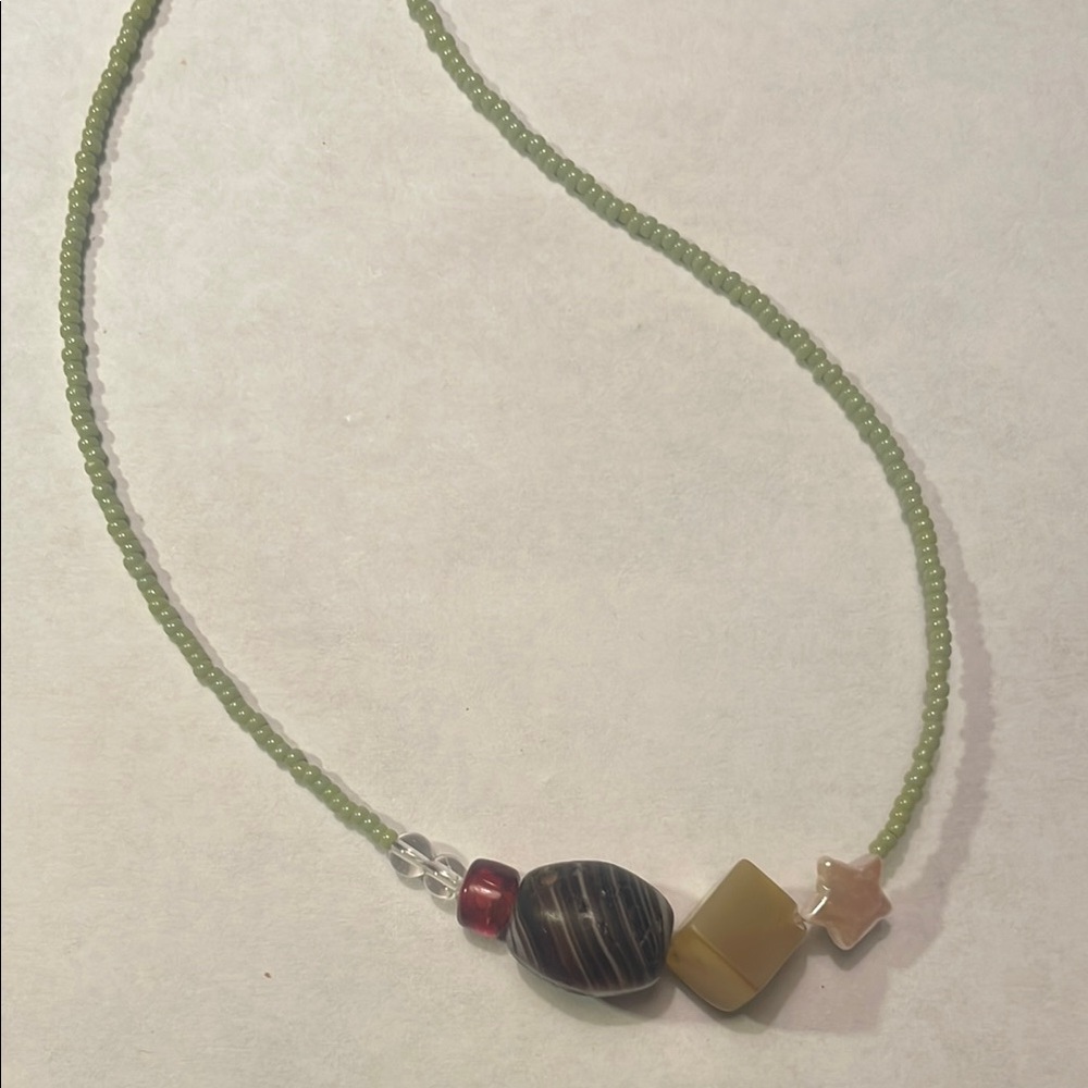 Unique Green Beaded Necklace with Multicolor Accents